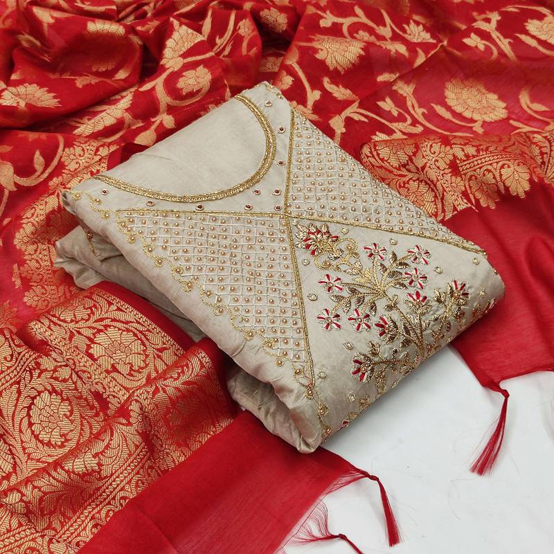 light grey chanderi hand embroidery dress material