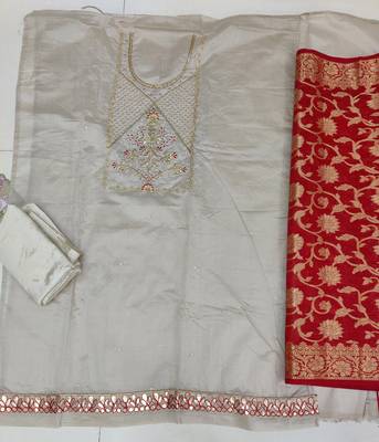 light grey chanderi hand embroidery dress material 2