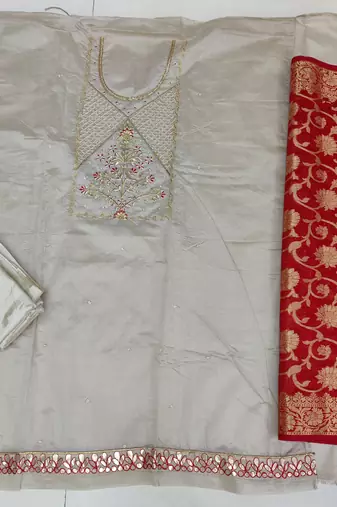 light grey chanderi hand embroidery dress material