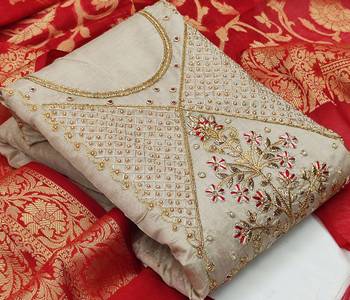 light grey chanderi hand embroidery dress material 3