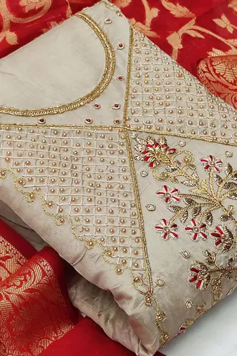 light grey chanderi hand embroidery dress material