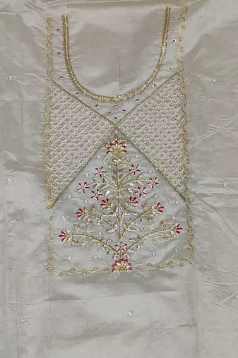 light grey chanderi hand embroidery dress material