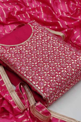 pink chanderi hand embroidery dress material