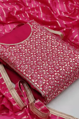 pink chanderi hand embroidery dress material