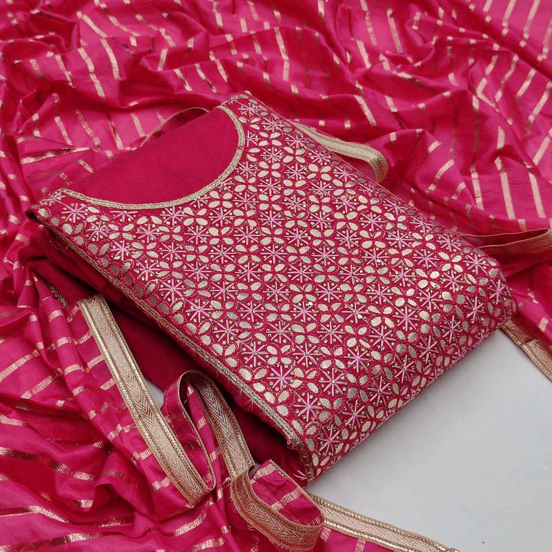 pink chanderi hand embroidery dress material
