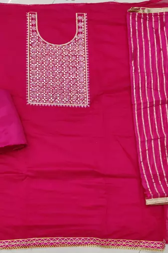 pink chanderi hand embroidery dress material