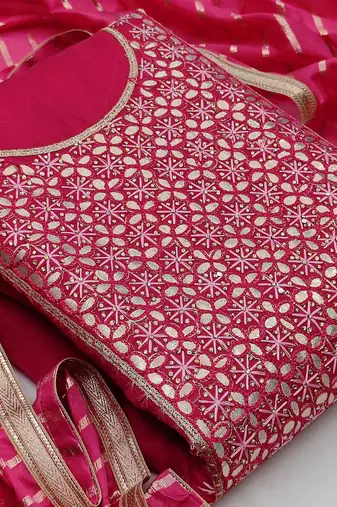 pink chanderi hand embroidery dress material