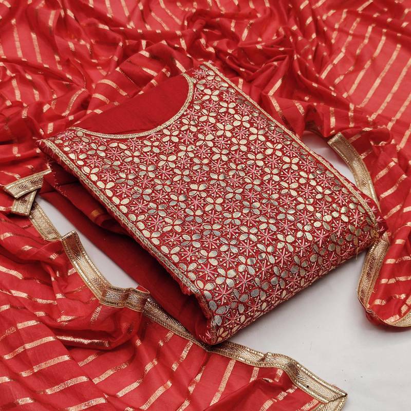 red chanderi hand embroidery dress material