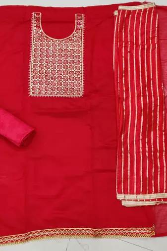 red chanderi hand embroidery dress material