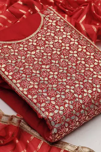 red chanderi hand embroidery dress material