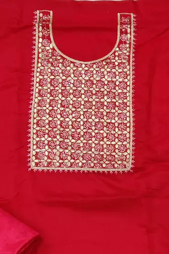 red chanderi hand embroidery dress material