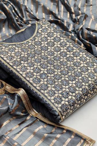 grey chanderi hand embroidery dress material
