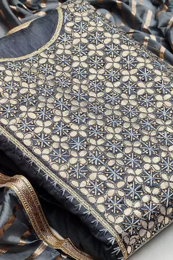 grey chanderi hand embroidery dress material