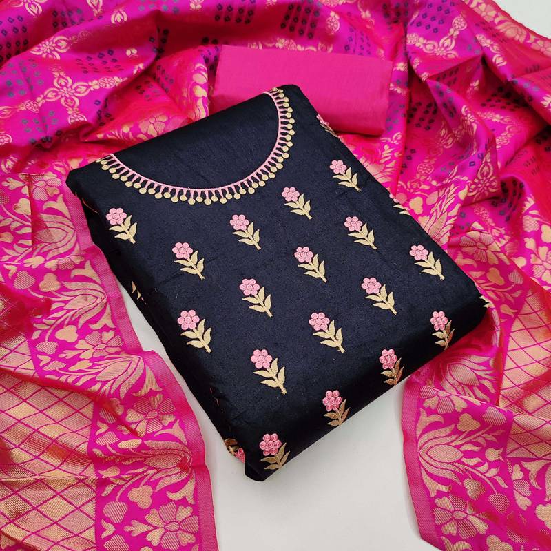 black cotton thread embroidery dress material