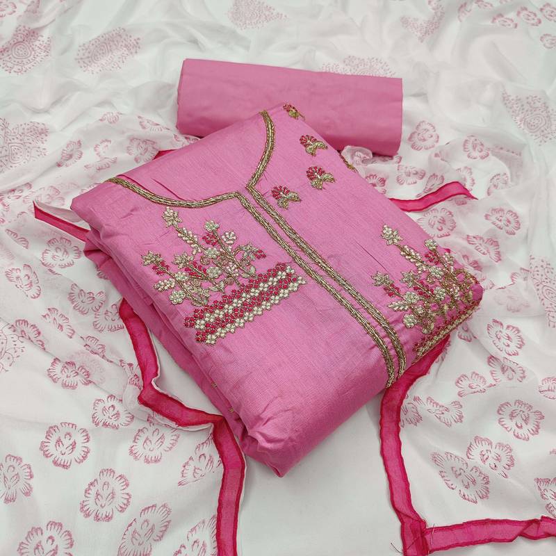 pink cotton hand embroidery dress material