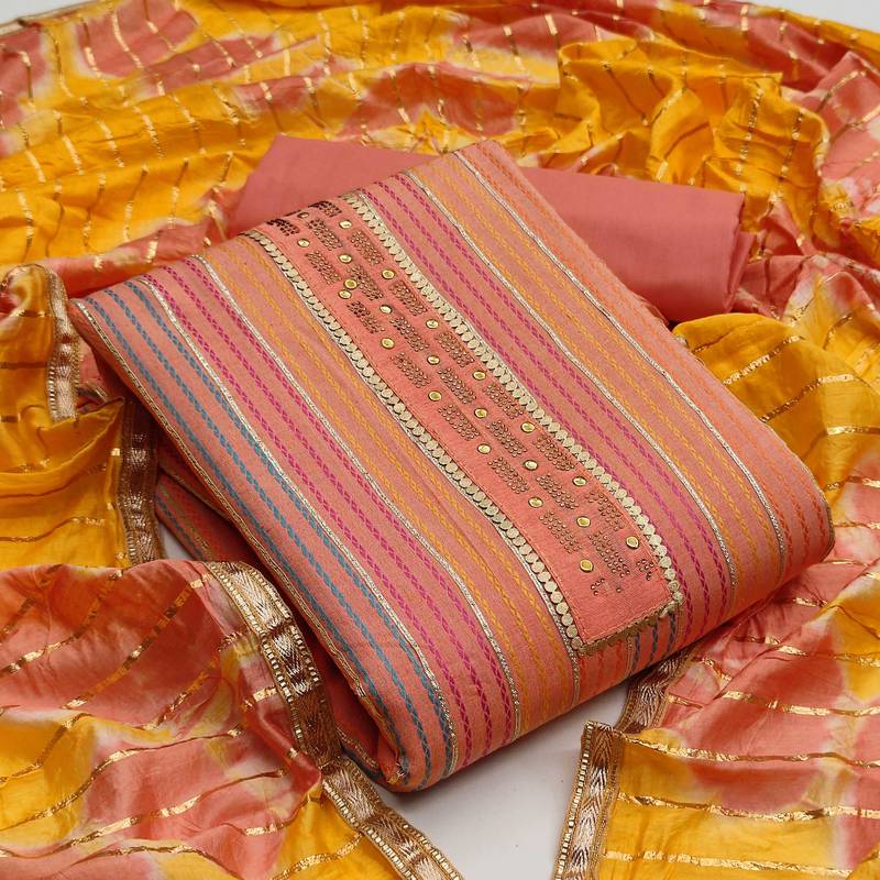 peach cotton hand embroidery dress material