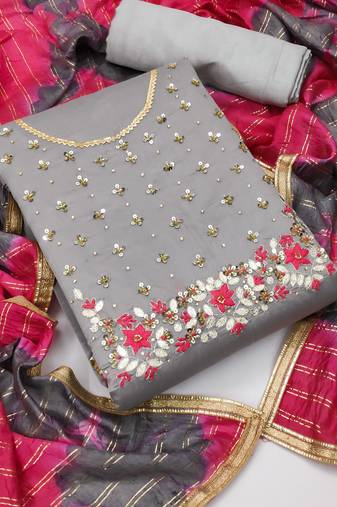 grey chanderi hand embroidery dress material