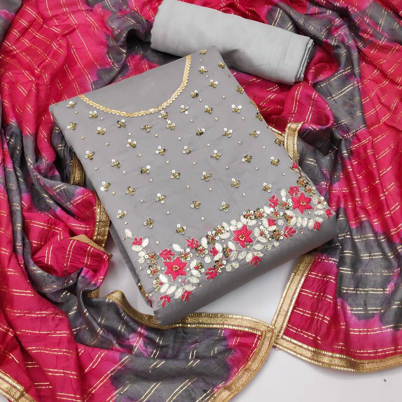 grey chanderi hand embroidery dress material