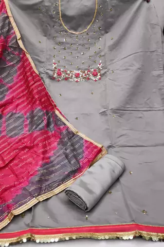 grey chanderi hand embroidery dress material