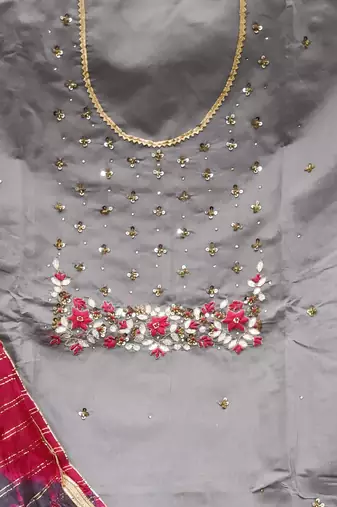 grey chanderi hand embroidery dress material