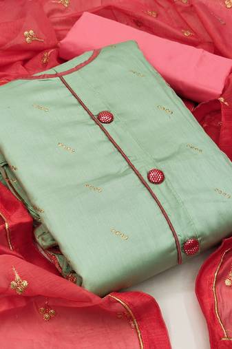 olive chanderi embroidered dress material