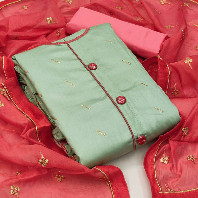 olive chanderi embroidered dress material