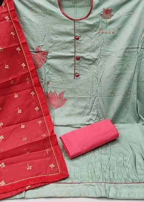 olive chanderi embroidered dress material 2