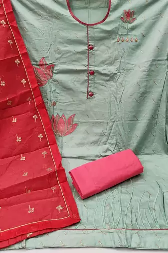 olive chanderi embroidered dress material
