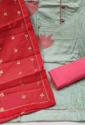 olive chanderi embroidered dress material 4