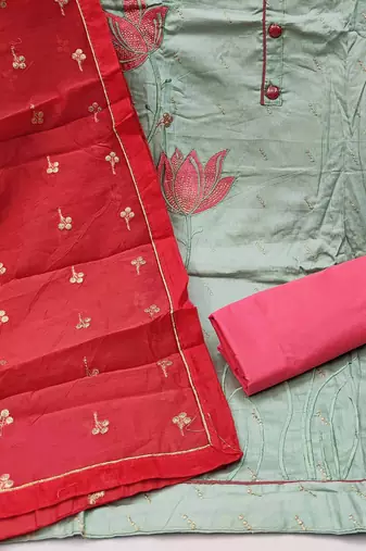 olive chanderi embroidered dress material