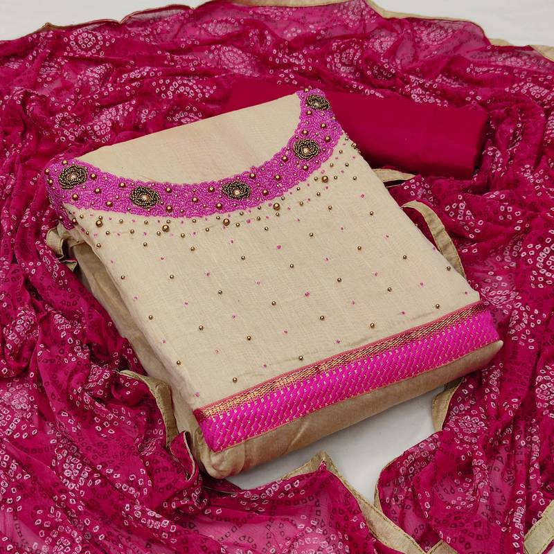 beige cotton hand embroidery dress material