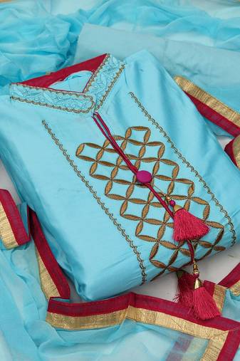 sky blue chanderi embroidered dress material