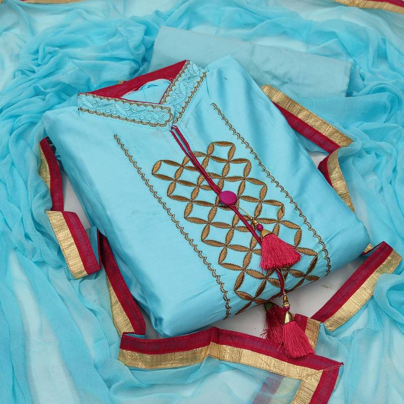 sky blue chanderi embroidered dress material