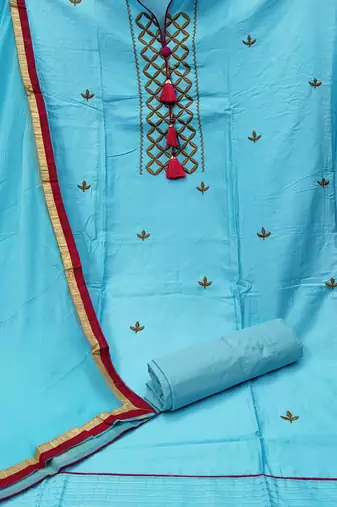 sky blue chanderi embroidered dress material