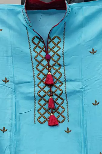 sky blue chanderi embroidered dress material