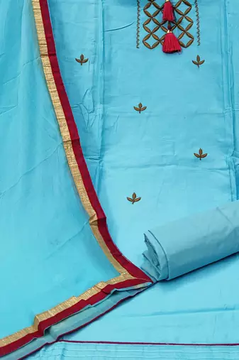 sky blue chanderi embroidered dress material