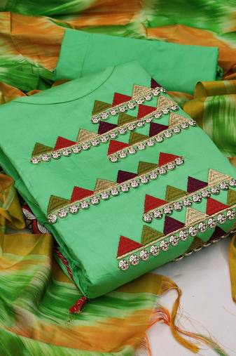 green chanderi embroidered dress material