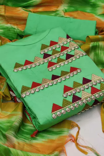 green chanderi embroidered dress material