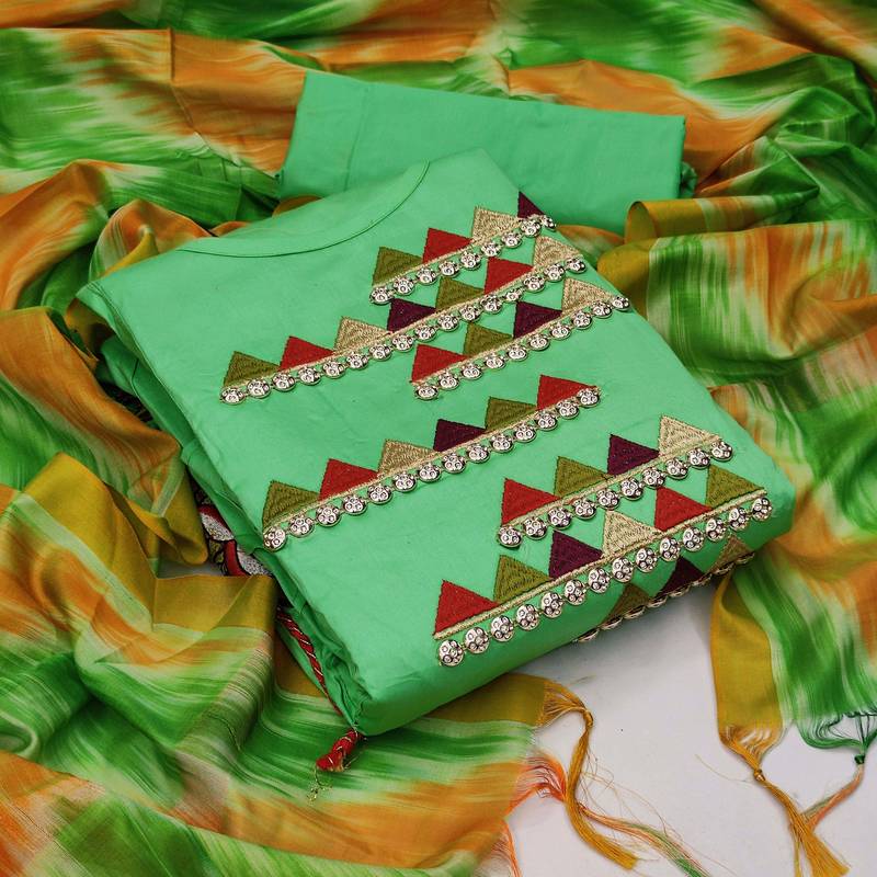 green chanderi embroidered dress material
