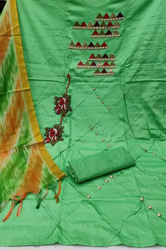 green chanderi embroidered dress material