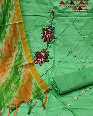 green chanderi embroidered dress material 4