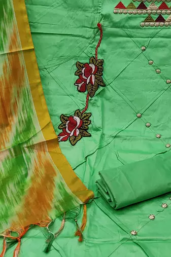 green chanderi embroidered dress material