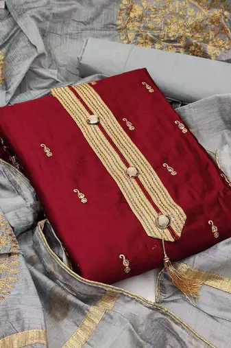 maroon chanderi embroidered dress material