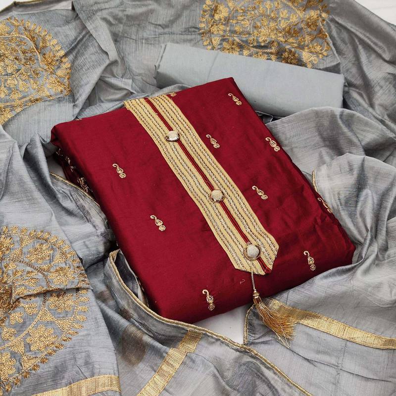maroon chanderi embroidered dress material