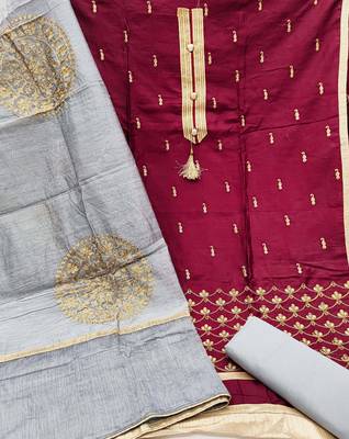maroon chanderi embroidered dress material 2