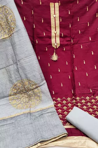 maroon chanderi embroidered dress material
