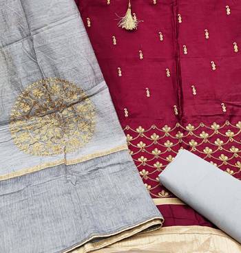 maroon chanderi embroidered dress material 4