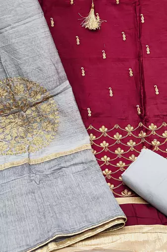 maroon chanderi embroidered dress material