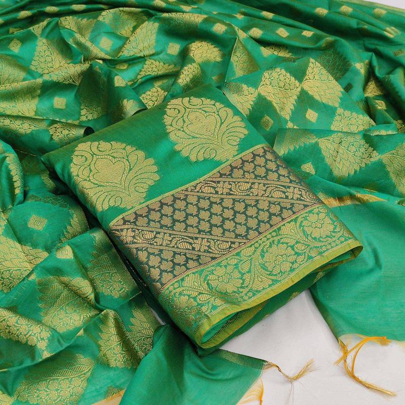 green jacquard woven dress material