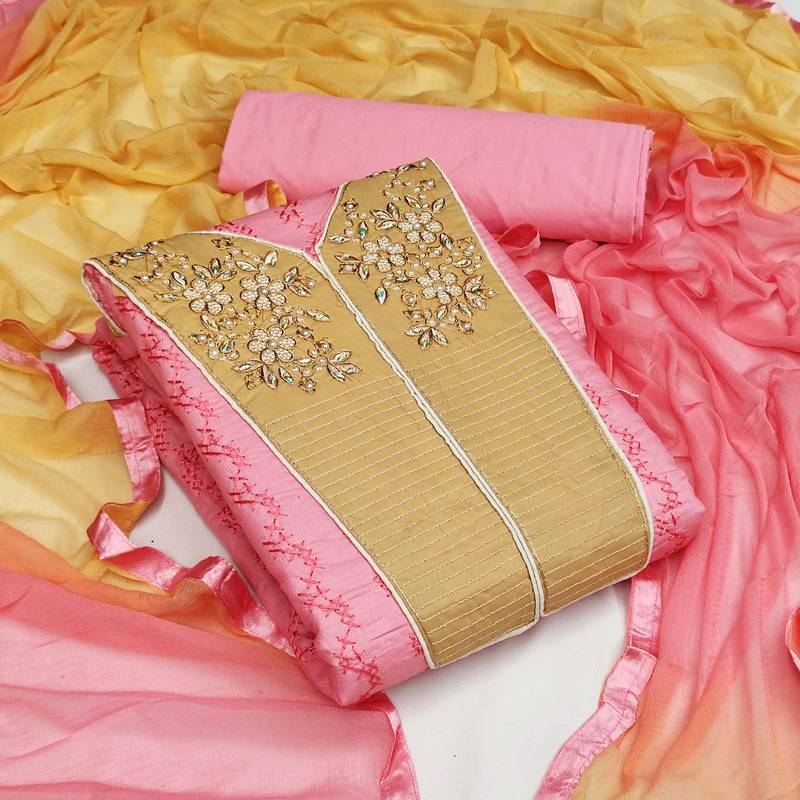 pink cotton embroidered dress material